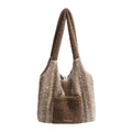 Bolso tote de peluche a rayas marrones con bolsillo frontal y forro azul - Rayas Marrones y Beige / Tostado