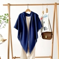 Elegant navy blue linen scarf with fringe edges draped over a cream white dress - Dark Blue