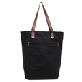 Black washed canvas tote bag with brown leather handles and decorative rivets detail - Black