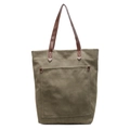 Minimalist olive green canvas tote bag with brown leather handles and front pocket - Green