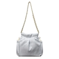 Light blue quilted bucket bag with gold chain strap and elegant pleated drawstring design - Light Blue