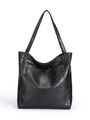 Classic large black tote bag in glossy vintage soft leather with front pocket - Black