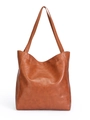 Brown vintage faux leather tote bag with large capacity and reinforced shoulder straps - Tan