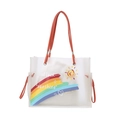 Transparent beach tote with rainbow print, lucky lettering, and bright orange handles - Orange Red