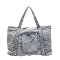 Retro light blue denim tote bag with large capacity and front pocket design - White