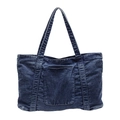 Deep blue washed denim tote bag for women featuring a functional front square pocket - Dark Blue