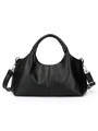 Classic black leather tote bag with woven handles and adjustable crossbody strap - Black
