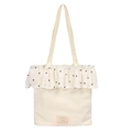 Borsa tote in tela beige con volant floreali neri ed etichetta rosa Say Cheese - Bianco