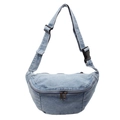Light blue denim half-moon crossbody bag with vintage double zippers and adjustable strap - Blue