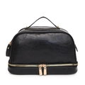 Black vintage large capacity makeup bag with gold zippers and layered storage compartment - Black