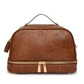 Dark brown PU leather makeup bag with layered storage and elegant golden hardware - Tan