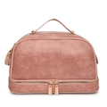 Large rose gold PU leather cosmetic bag with top handle and double zipper closure - Pink