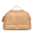 Large vintage khaki leather toiletry bag with double layers and gold zippers - Dark Khaki