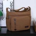 Classic brown canvas messenger bag for men with adjustable strap and metal zippers - Tan