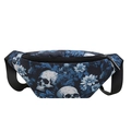 Bolso de pecho moderno con estampado de calaveras azules y flores en tela negra - Azul