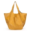 Retro mustard yellow large capacity leather tote bag with vintage texture and front pocket - Yellow