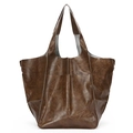 Retro large capacity tote bag in dark brown faux leather with front pockets - Coffee