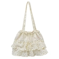 Bolso de hombro de lona crema con estampado floral amarillo, volantes y cordón superior - Blanco Roto