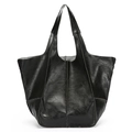 Retro black faux leather tote bag with vintage stitching and large capacity design - Black