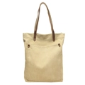 Minimalist beige canvas tote bag with brown leather handles and front pocket detail - Khaki