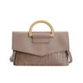 Bruine clutch van imitatieleer met krokodillenreliëf en stijve gele ronde handgreep - Donker kaki