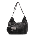 Washed grey denim hobo bag with multiple pockets and matching round coin purse pendant - Black