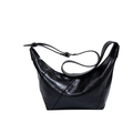 Glossy black crescent moon bag with pleated patent leather finish and adjustable strap - Black