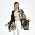 Detailed view of thick scarf fringe and traditional Chinese mountain landscape pattern - Black Beige