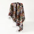 Macro view of detailed vintage floral print and premium satin texture on a square scarf - 90*90cm / D9406-White