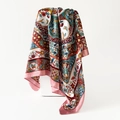 Detailed view of bohemian floral print satin silk square scarf with light pink borders - 90*90cm / D9406-Pink