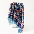 Detailed macro view of Bohemian floral printed satin scarf with elegant glossy finish - 90*90cm / D9406-Blue