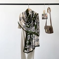 Green and beige silk-like scarf featuring realistic large rose floral prints - Rz75013-dark Green