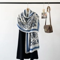 Toile de Jouy print long silk scarf featuring blue floral and butterfly patterns on white - Blue (RZ75012)