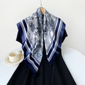 90cm navy and white Toile de Jouy print satin silk square scarf on elegant hanger - 90cm / Blue
