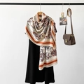 Elegant cream long silk scarf with vintage floral prints and orange striped borders - Orange (RZ75012)