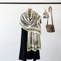 Long silk scarf with green floral and butterfly prints on a cream white background - Rz75012-green