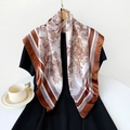 90cm satin square scarf with vintage brown Toile de Jouy forest print and striped border - 90cm / Brown