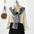 Detailed close-up of dark grey knitted shawl with cable knit texture on a white shirt - 102*46cm / Gray