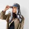 Detail of gray distressed baseball cap featuring a black and white paisley silk scarf attachment - L7045-Navy Blue Paisley