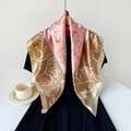 Elegant pink and bronze satin floral square scarf 90cm for women hanging on dress - Large / Pink