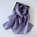 Detail of lavender organza scarf with glossy silk texture and deep purple rolled hem edge - Leather Purple