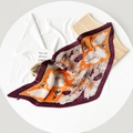 Detailed macro view of pleated silk scarf with abstract orange and purple floral print - 70cm / Purple Border Orange