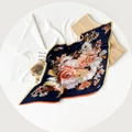 Detail of pleated satin scarf featuring floral rabbit prints and navy blue accordion folds - 70cm / Yellow Orange Border