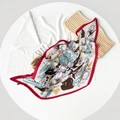 Detailed view of pleated silk scarf with floral print and red scalloped accordion edges - 70cm / Red Border White Floral