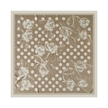 Coffee polka dot silk square scarf with white camellia pattern and satin finish - 90x90cm / Khaki