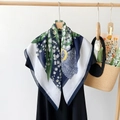 Elegant silk-textured scarf with lily of the valley print and stylish navy blue accents - Jls90023-blue / 90*90cm