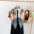 Detail of elegant 90cm square scarf with vintage carriage pattern on wooden hanger - Jls90020-orange / 90*90cm