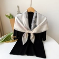 Floral square scarf detail with blue flowers on beige silk background and black knitwear - Jls90021-pale Yellow / 90*90cm