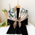 Detail of elegant silk scarf with vintage carriage print tied over black top in a chic style - Jls90020-khaki / 90*90cm