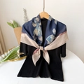 French vintage silk square scarf in navy and khaki with geometric patterns and dots - Jls90021-blue / 90*90cm